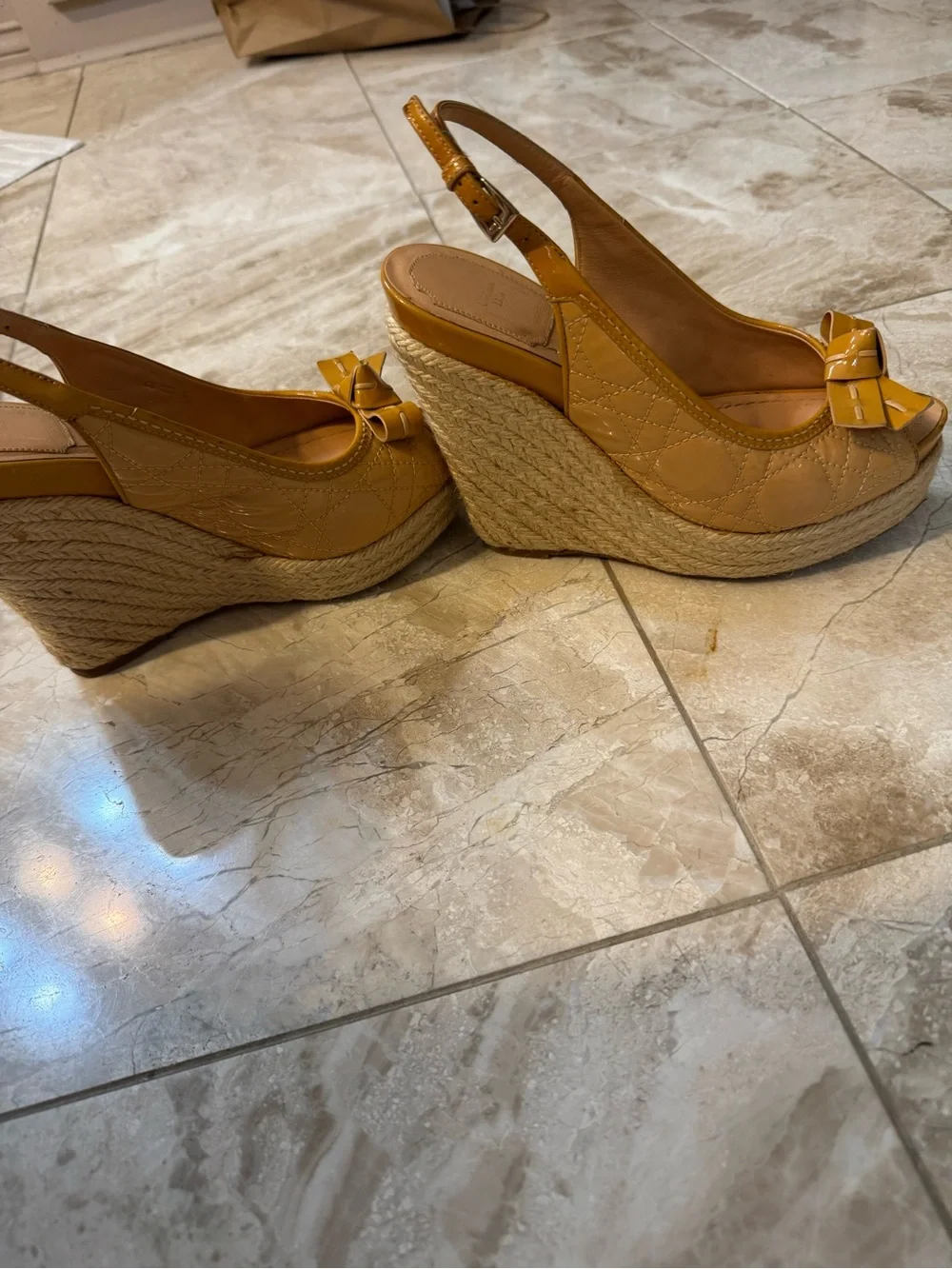 Vintage Christian Dior Mustard Yellow Peep-Toe Espadrille Wedges with Bow